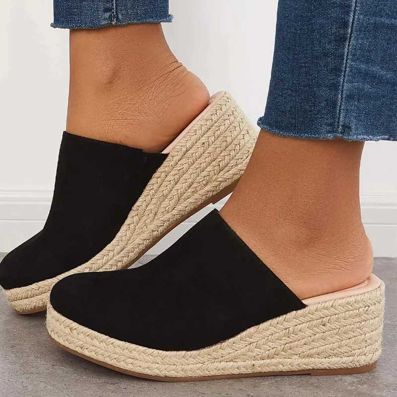 Lavinque Sandals Noir / 34 Mules Compensées | Confort & Élégance | Effet Espadrille