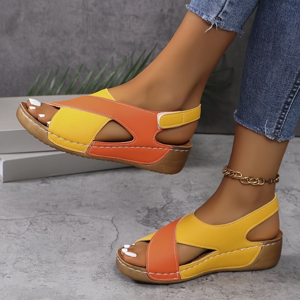 Lavinque Sandals Orange / 35 Sandales Compensées Confort | Bleu et Blanc | Élégance Décontractée