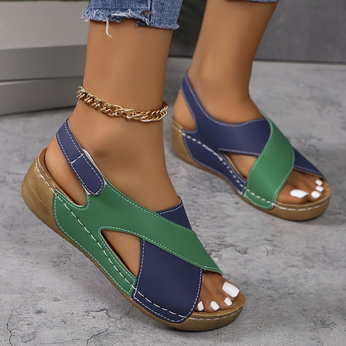 Lavinque Sandals Vert / 35 Sandales Compensées Confort | Bleu et Blanc | Élégance Décontractée