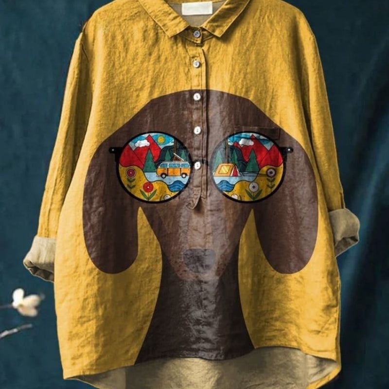 Lavinque Shirts Jaune-Marron / S Chemise Oversize Imprimée | Blanc & Bleu | Bohème et Élégante