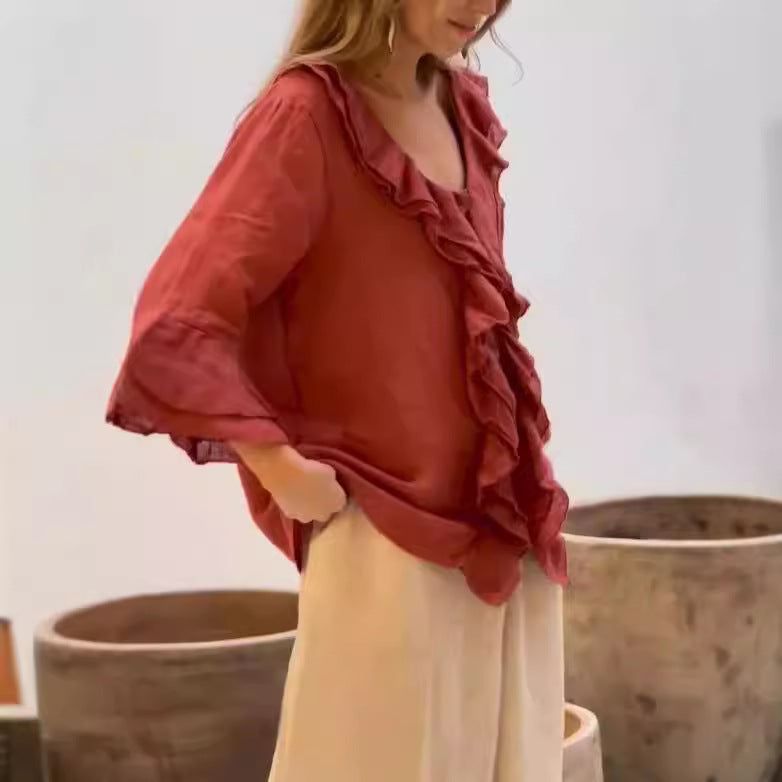 Lavinque Shirts Rouge / S Chemisier en Lin | Élégant | Léger et Confortable