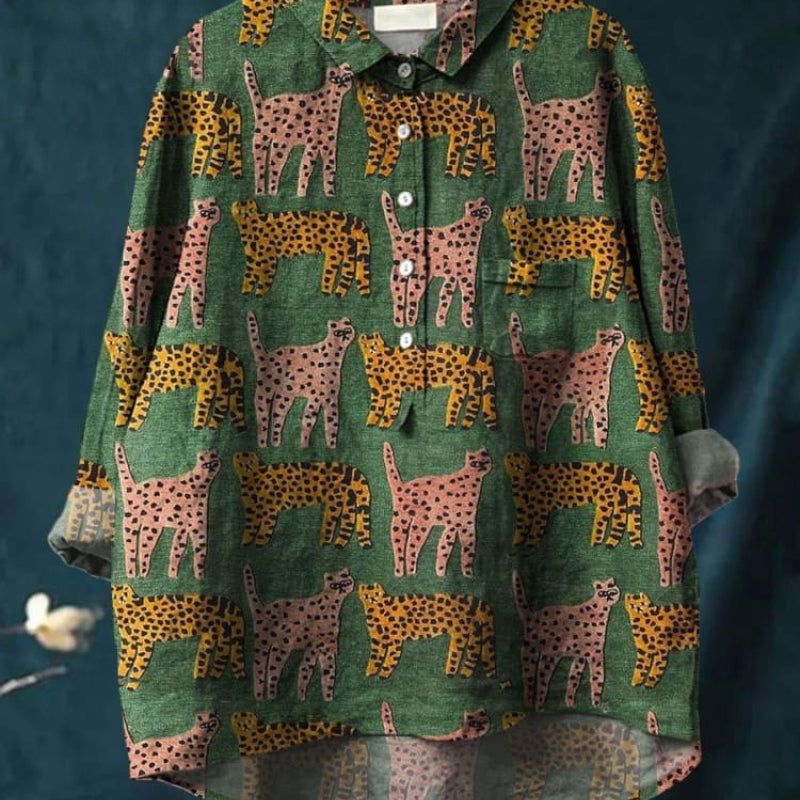 Lavinque Shirts Vert foncé / S Chemise Oversize Imprimée | Blanc & Bleu | Bohème et Élégante
