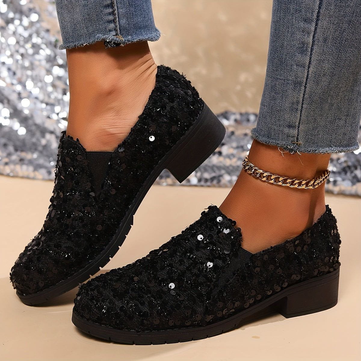 Lavinque Shoes Mocassins à Paillettes | Noir Brillant | Glamour et Confort Réunis