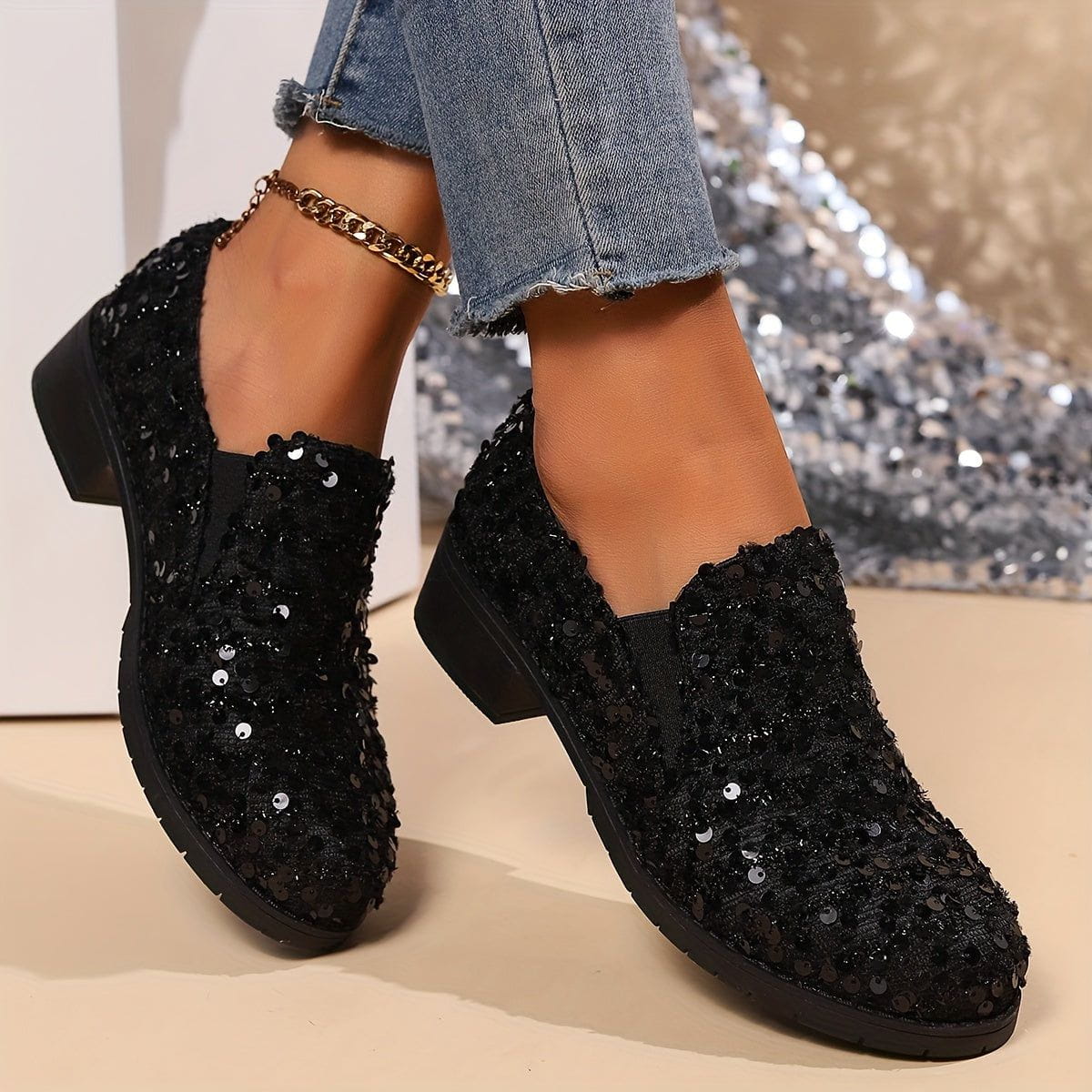 Lavinque Shoes Noir / 36 Mocassins à Paillettes | Noir Brillant | Glamour et Confort Réunis