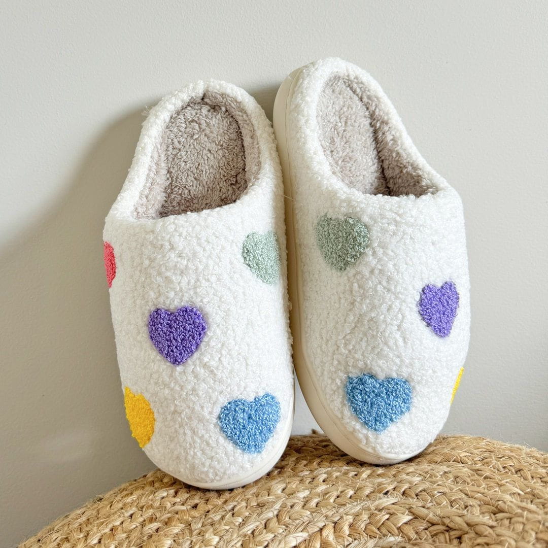 Lavinque Slippers Blanc / 37 Chaussons Cœur Doux | Multicolore sur Blanc | Mignons et Ultra Confortables