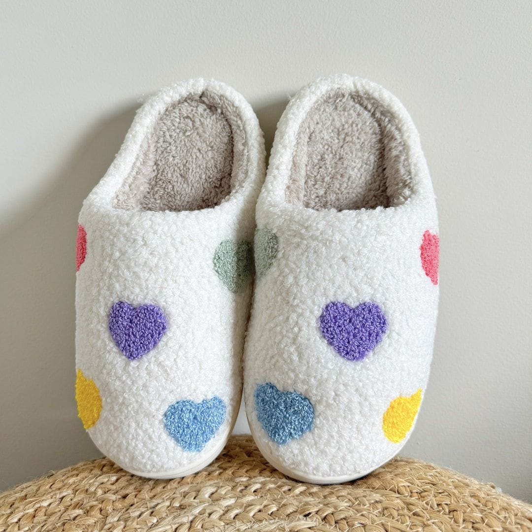 Lavinque Slippers Blanc / 40 Chaussons Cœur Doux | Multicolore sur Blanc | Mignons et Ultra Confortables