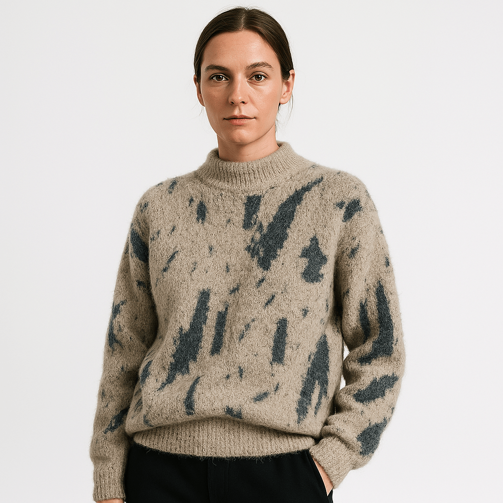 Lavinque Sweater Beige / S Pull Blanc à Motif Abstrait Noir | Col Montant | Style Graphique & Douillet