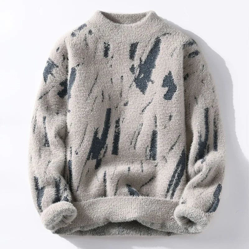 Lavinque Sweater Beige / XS Pull Blanc à Motif Pinceau Noir | Col Rond | Style Graphique & Moderne