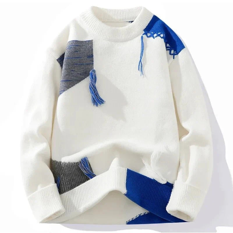 Lavinque Sweater Blanc / S Pull à Franges Contrastées | Blanc & Bleu | Créatif et Douillet