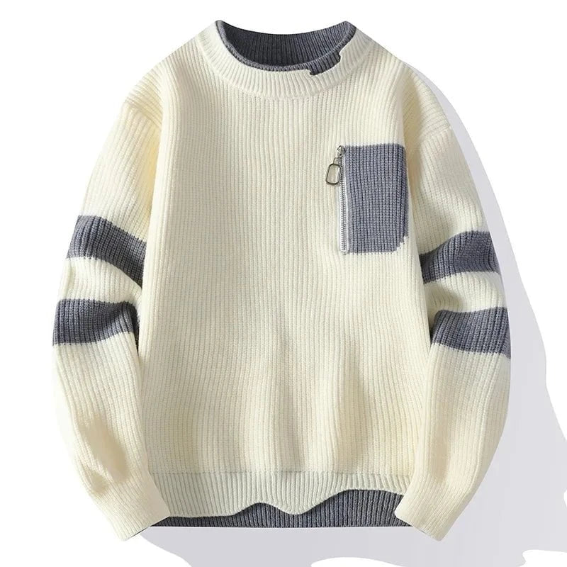 Lavinque Sweater Blanc / S Pull Bicolore à Poche Contrastée | Crème & Gris | Moderne et Décontracté