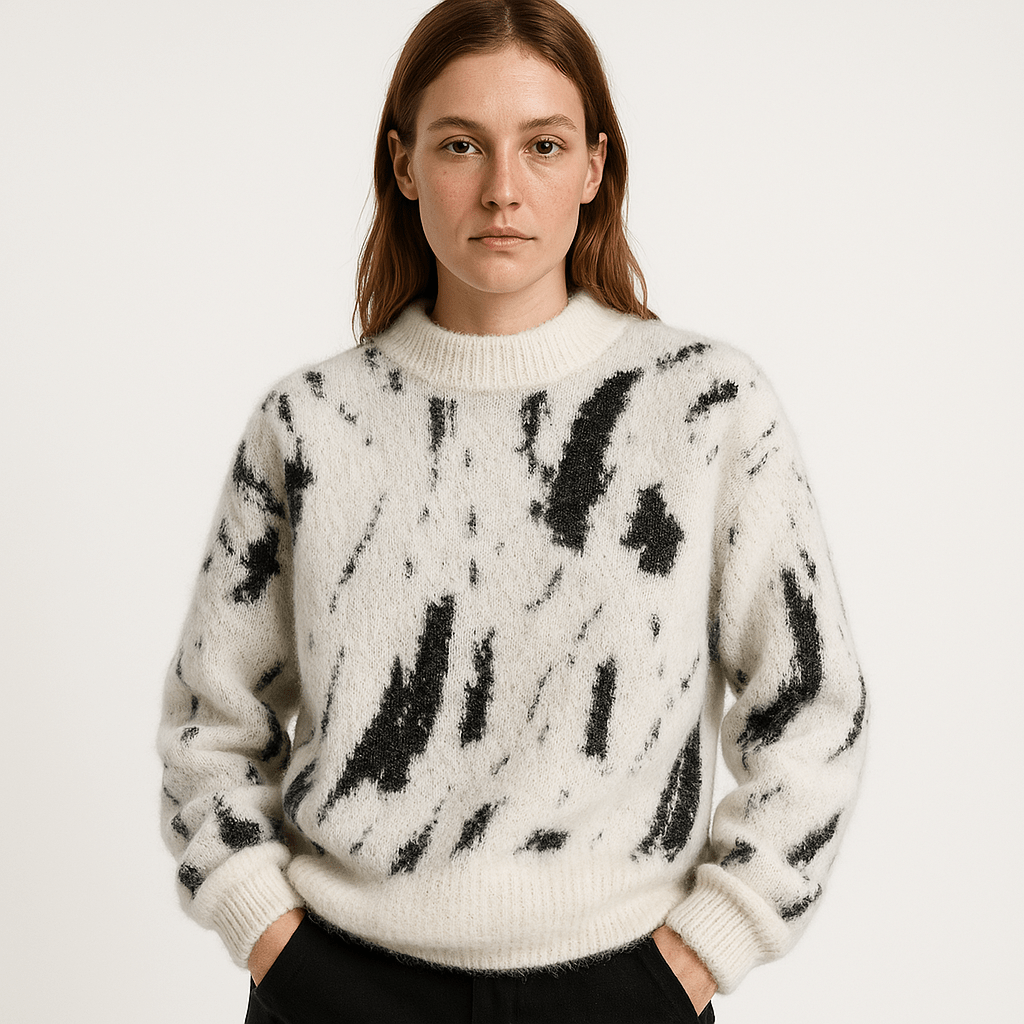 Lavinque Sweater Blanc / S Pull Blanc à Motif Abstrait Noir | Col Montant | Style Graphique & Douillet