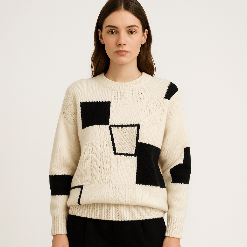 Lavinque Sweater Blanc / S Pull Écru à Panneaux Noirs | Motif Géométrique | Style Graphique & Chaleur