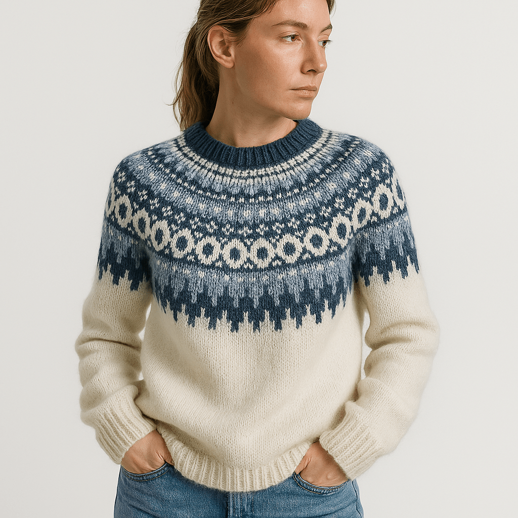 Lavinque Sweater Blanc / S Pull Jacquard Nordique Bleu & Écru | Hiver Douillet | Confort & Style