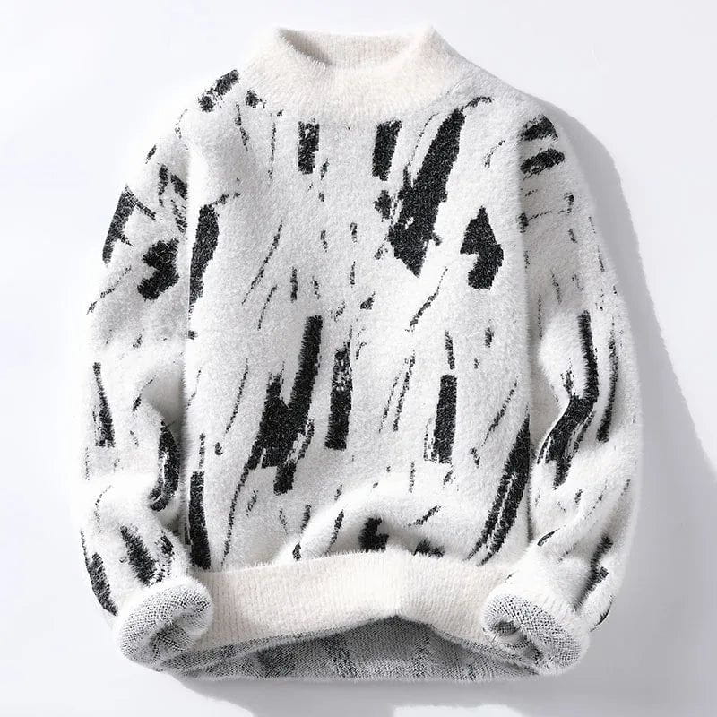 Lavinque Sweater Blanc / XS Pull Blanc à Motif Pinceau Noir | Col Rond | Style Graphique & Moderne