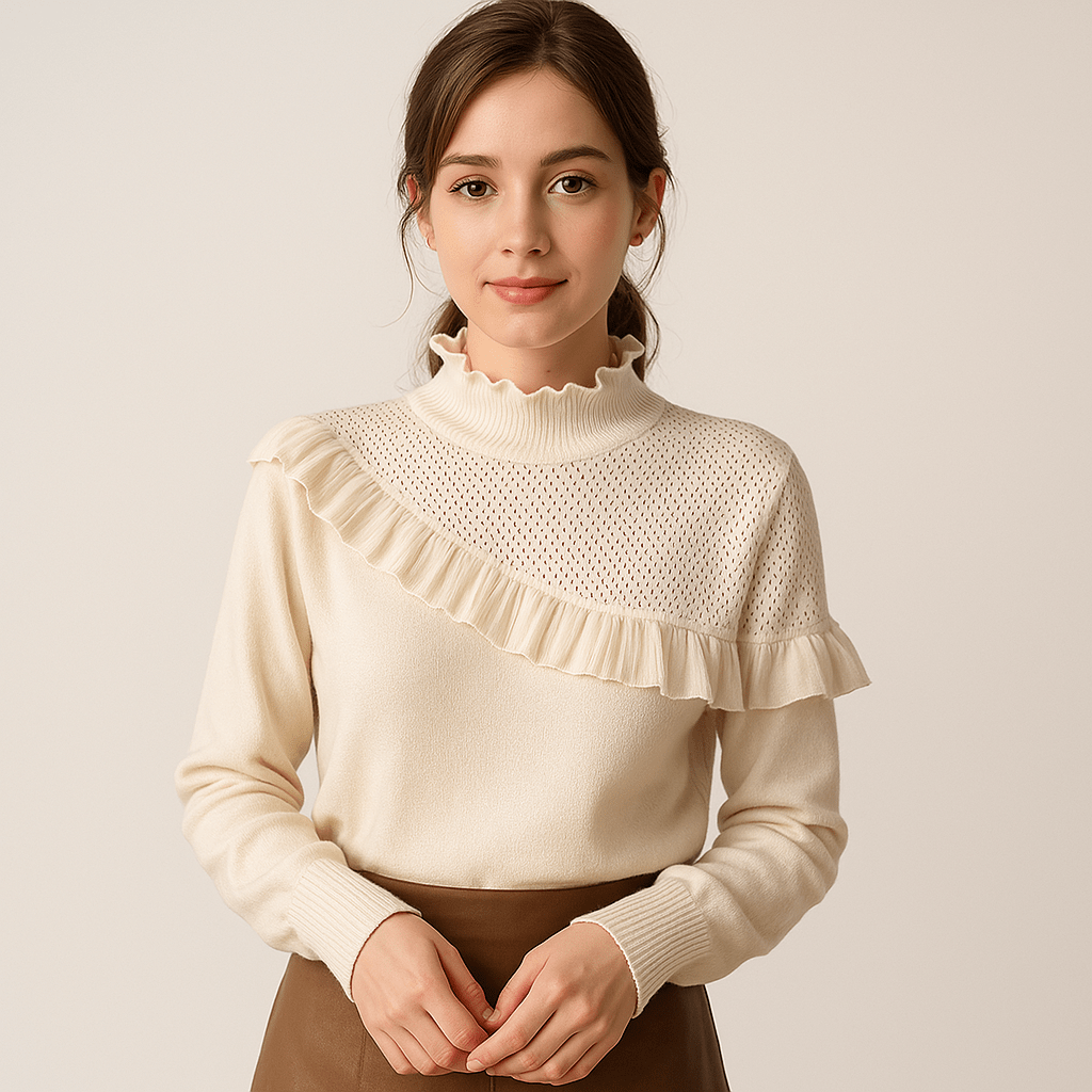 Lavinque Sweater Blanc / XS Pull Élégant à Volants | Col Montant | Détails Perlés