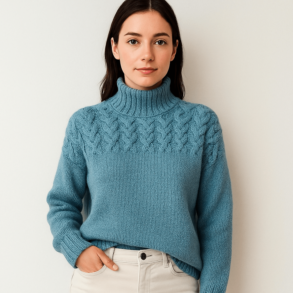 Lavinque Sweater Bleu ciel / S Pull Bleu Col Montant | Motif Torsadé | Chaud et Élégant