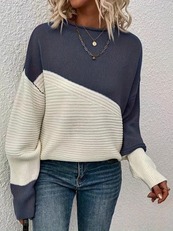 Lavinque Sweater Bleu foncé / S Pull bicolore en maille texturée | Pull | Chaleur et style moderne