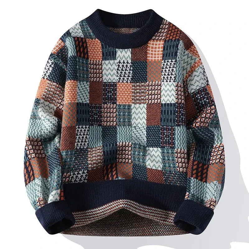 Lavinque Sweater Bleu foncé / S Pull Patchwork Vintage | Tons Neutres et Bleutés | Doux, Chaud et Stylé