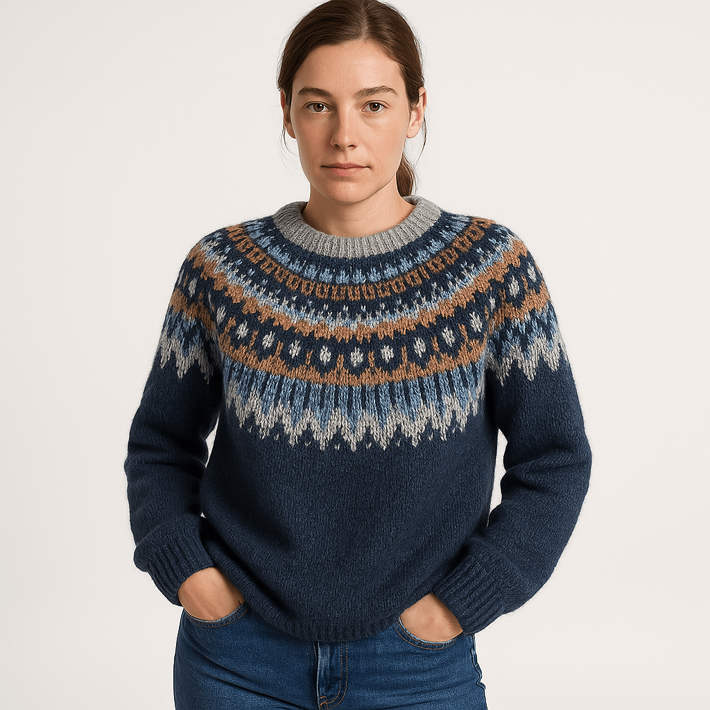 Lavinque Sweater Bleu marine / S Pull Jacquard Nordique Bleu & Écru | Hiver Douillet | Confort & Style