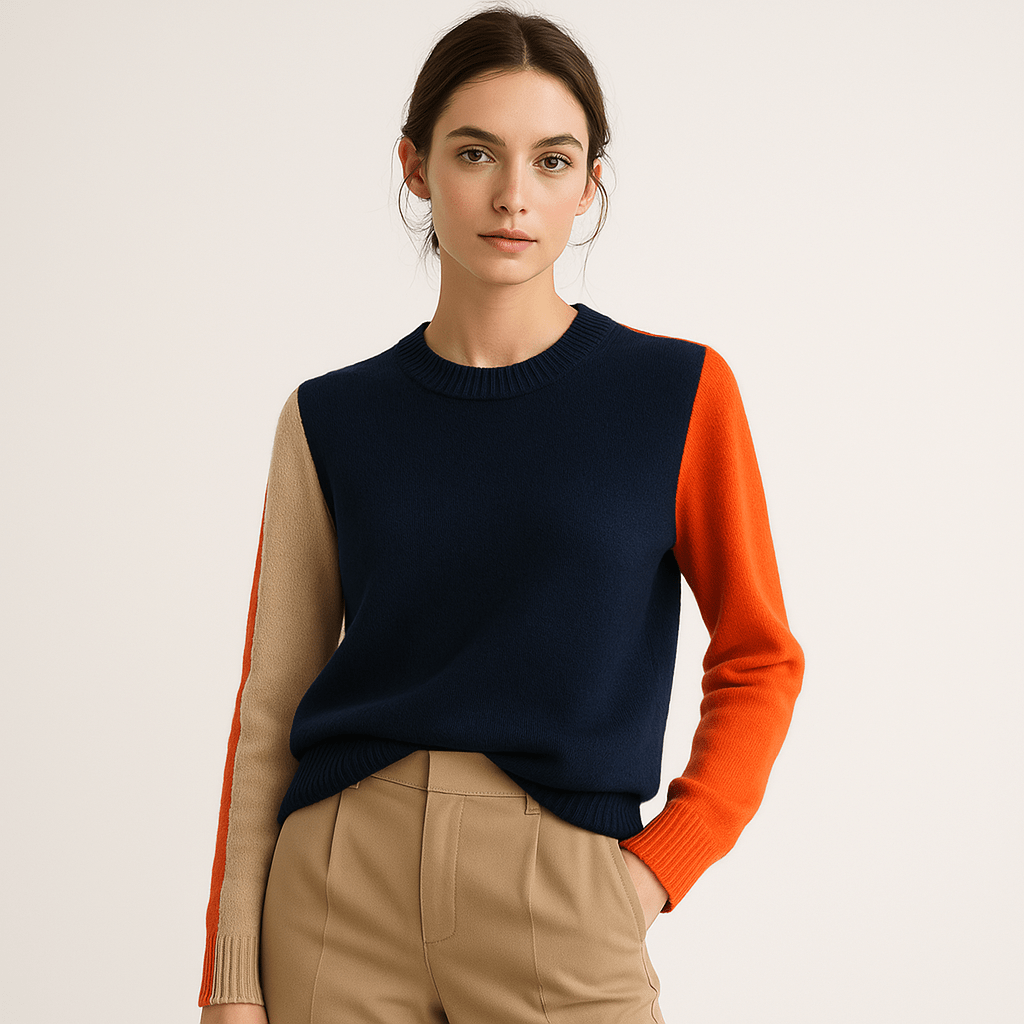 Lavinque Sweater Bleu marine / XS Pull Femme Color Block | Manches Contrastées | Marine & Orange