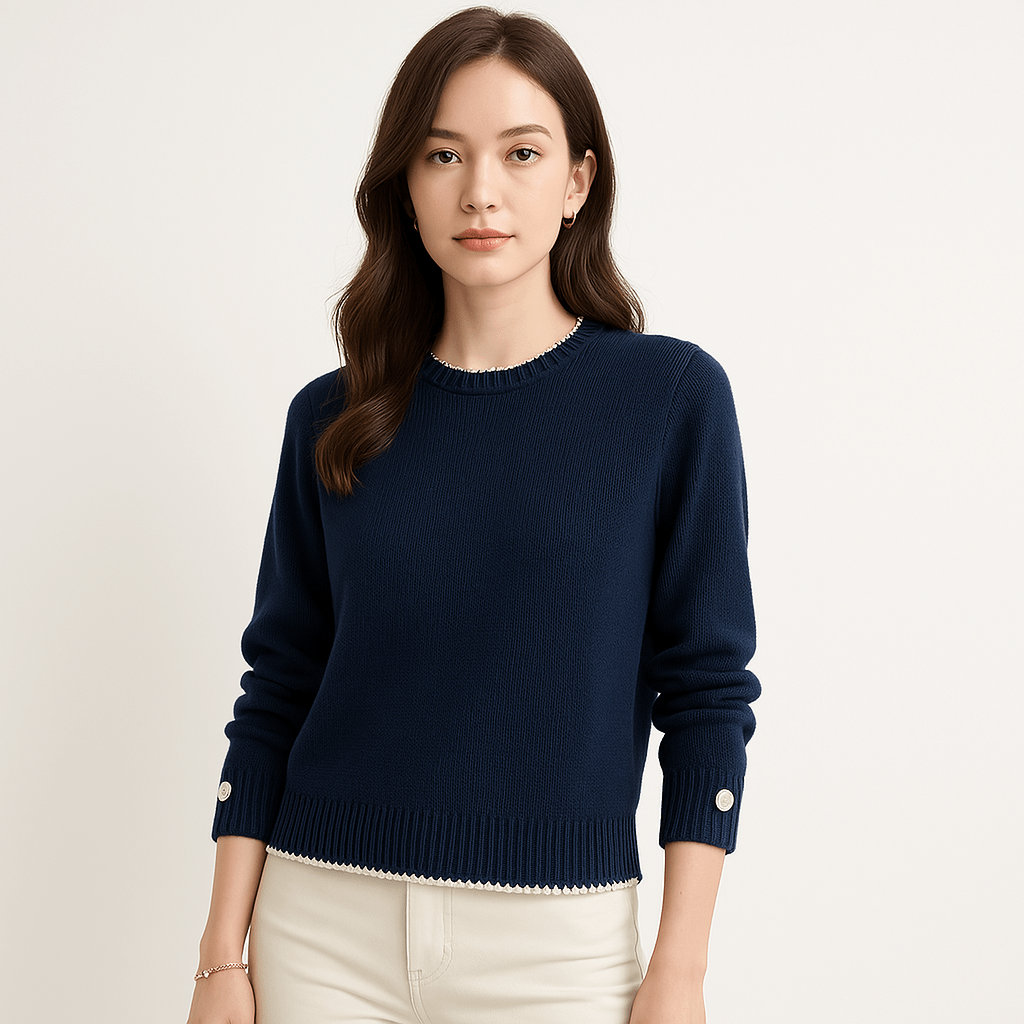 Lavinque Sweater Bleu marine / XS Pull Minimaliste Élégant | Boutons Décoratifs | Col Rond Doux