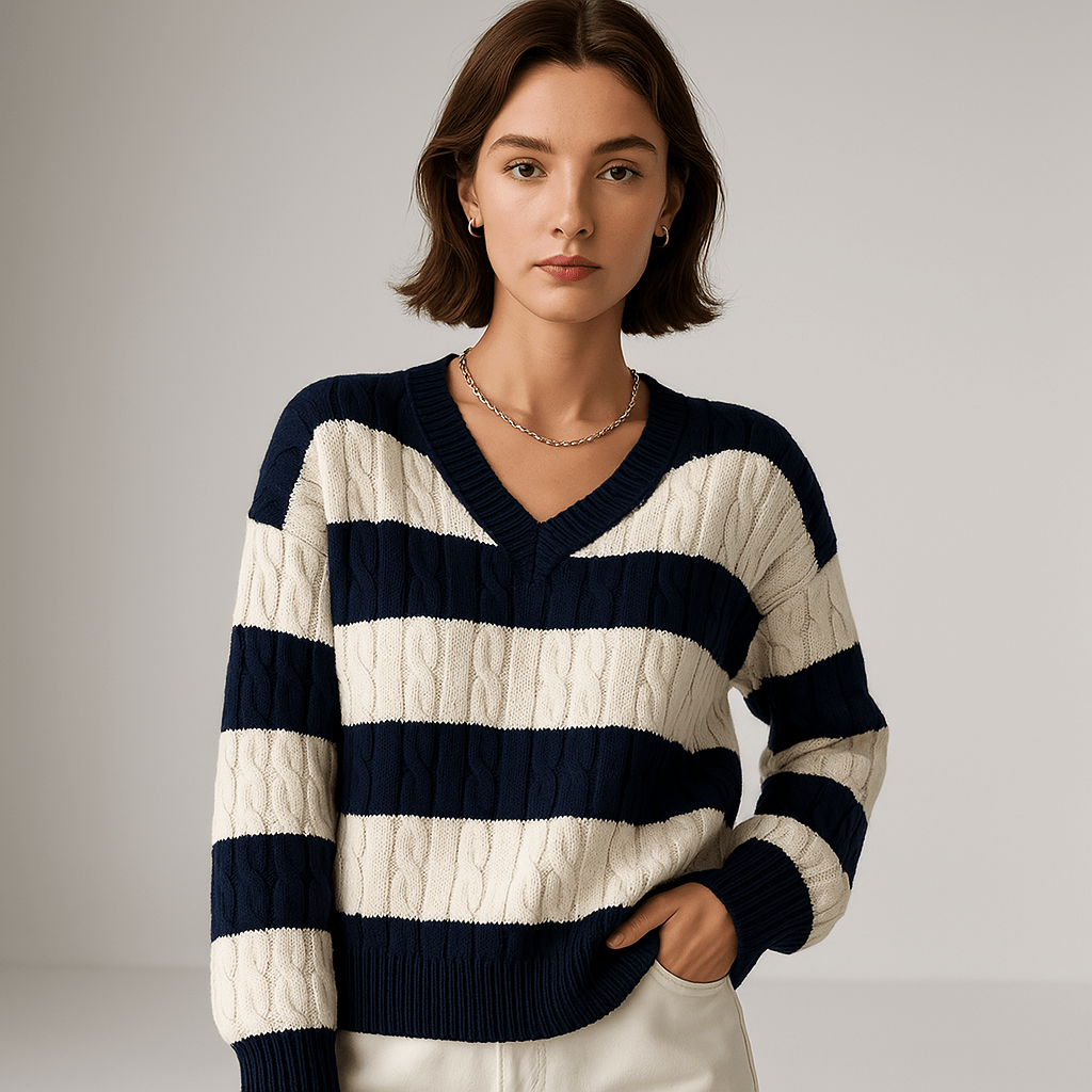 Lavinque Sweater Bleu marine / XS Pull Rayé Torsadé | Acrylique | Chaud et Confortable