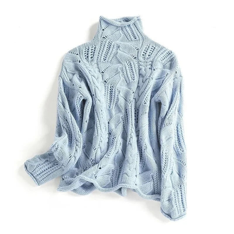 Lavinque Sweater Bleu / S Pull Col Roulé | Bleu Ciel | Maille Torsadée et Chaleur Hivernale