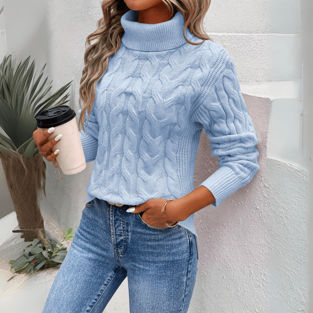 Lavinque Sweater Bleu / S Pull Maille Torsadée | Col Roulé | Doux et Chaleureux