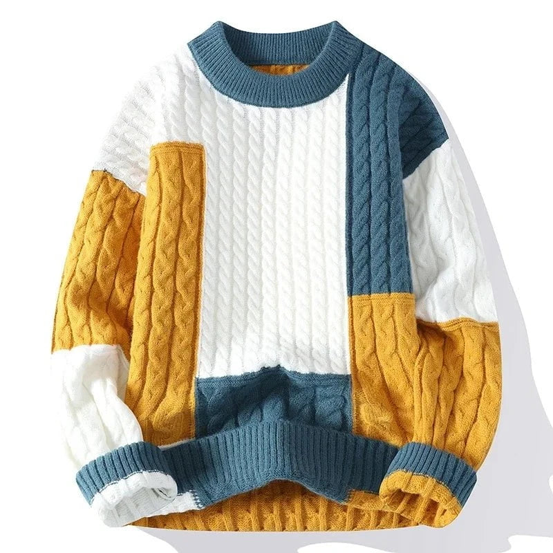 Lavinque Sweater Bleu / S Pull Patchwork Câble | Blanc, Jaune & Marron | Tendance et Texturé