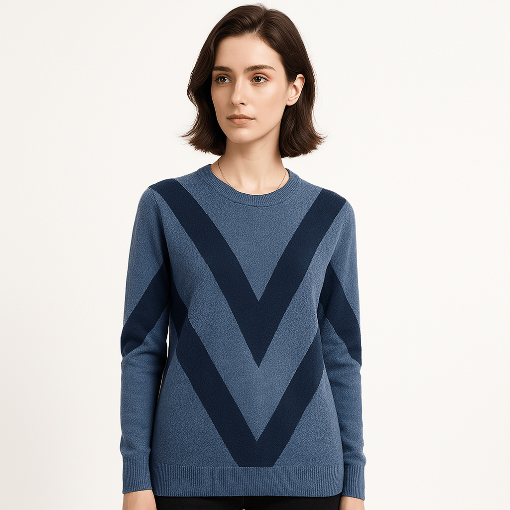 Lavinque Sweater Bleu / XS Pull Col Rond Motif V | Tricot Doux | Look Graphique Casual