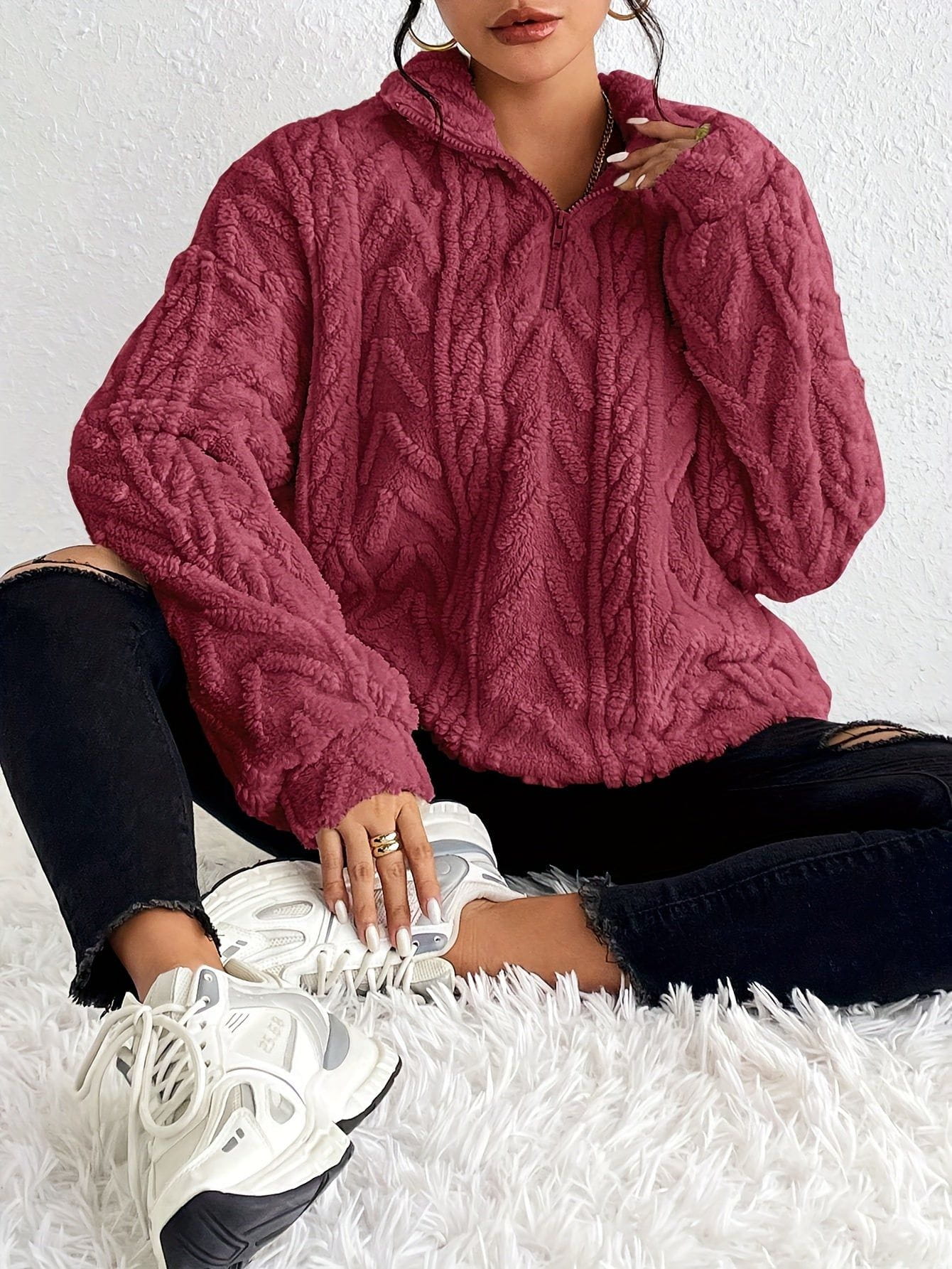 Lavinque Sweater Bourgogne / S Pull Torsadé Écru | Demi-Zip & Col Montant | Chaud & Tendance