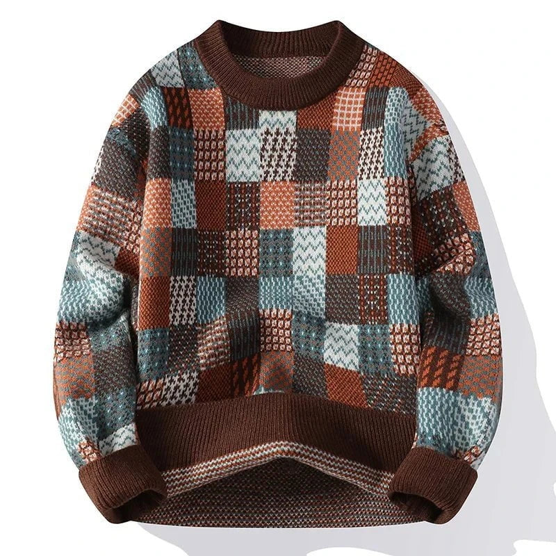 Lavinque Sweater Café / S Pull Patchwork Vintage | Tons Neutres et Bleutés | Doux, Chaud et Stylé