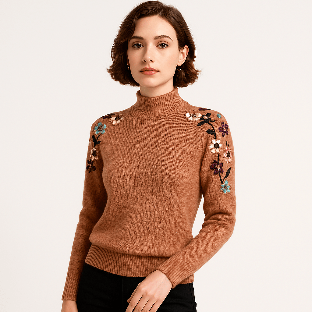 Lavinque Sweater Camel / XS Pull à col montant brodé | Élégant & Douillet | Fleurs brodées colorées