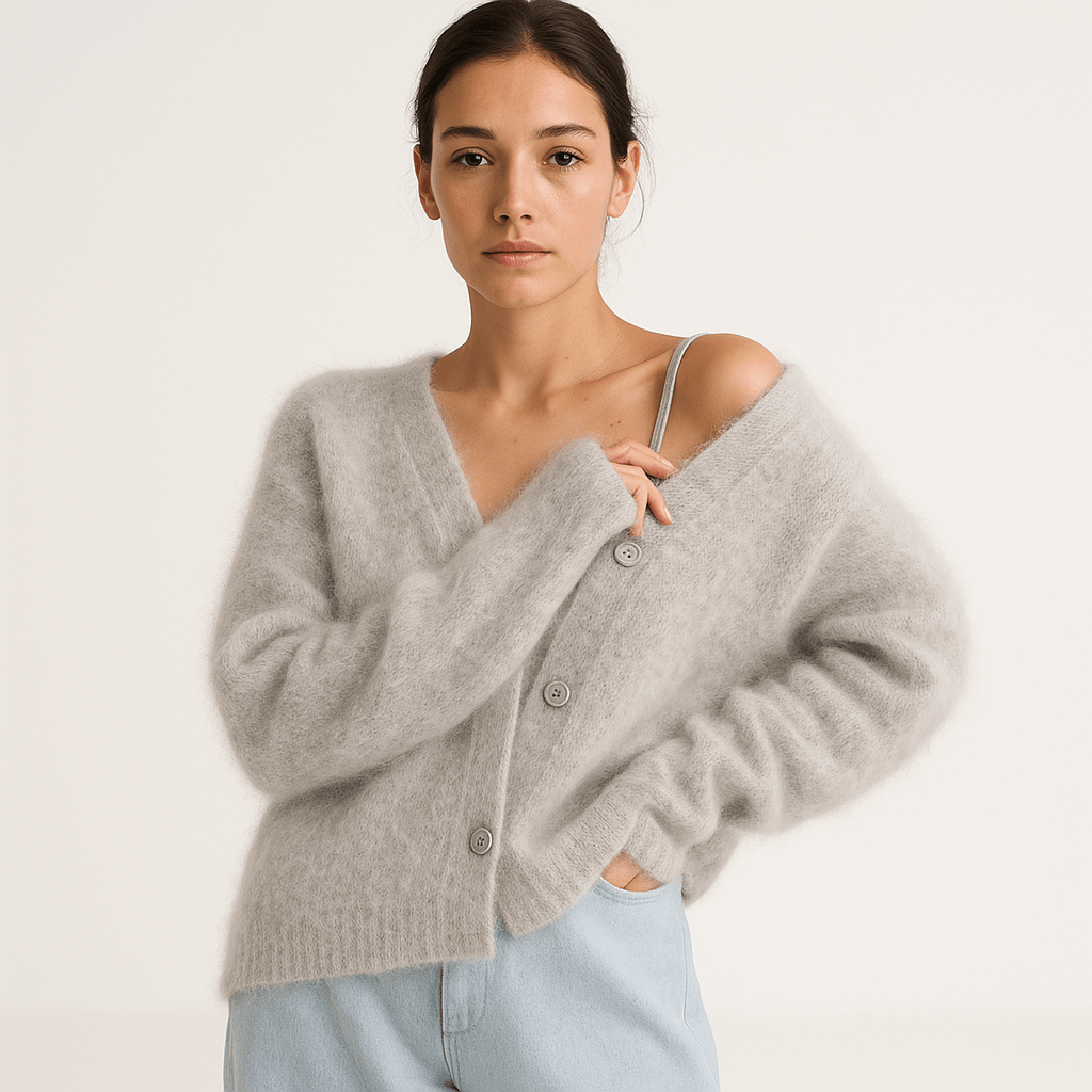 Lavinque Sweater Cardigan Duveteux Brun | Décolleté en V | Élégance Décontractée