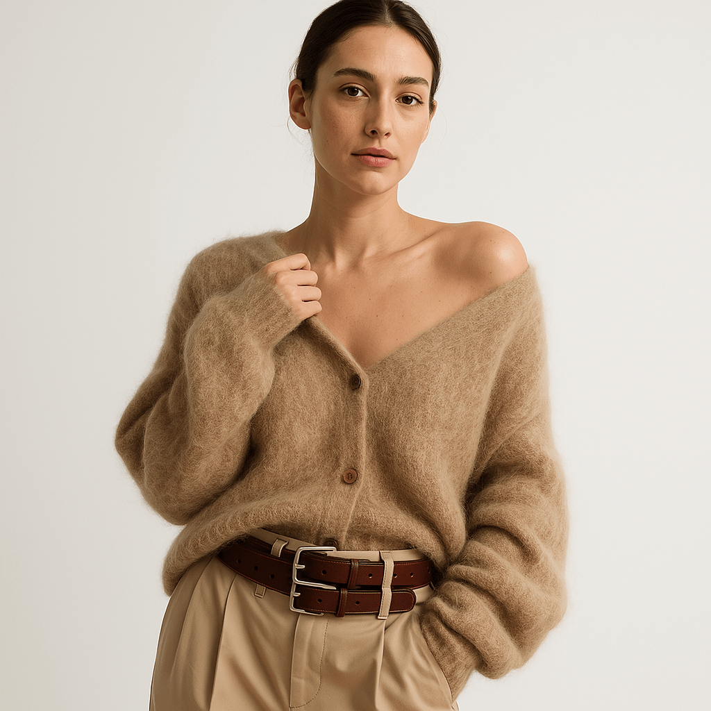 Lavinque Sweater Cardigan Duveteux Brun | Décolleté en V | Élégance Décontractée