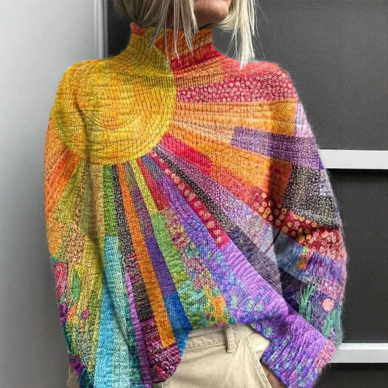 Lavinque Sweater Couleur Mixte / XS Pull Arc-en-Ciel Soleil | Col Montant | Créatif et Chaleureux