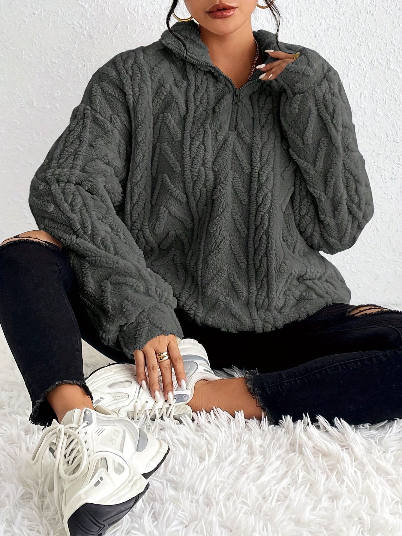 Lavinque Sweater Gris foncé / S Pull Torsadé Écru | Demi-Zip & Col Montant | Chaud & Tendance