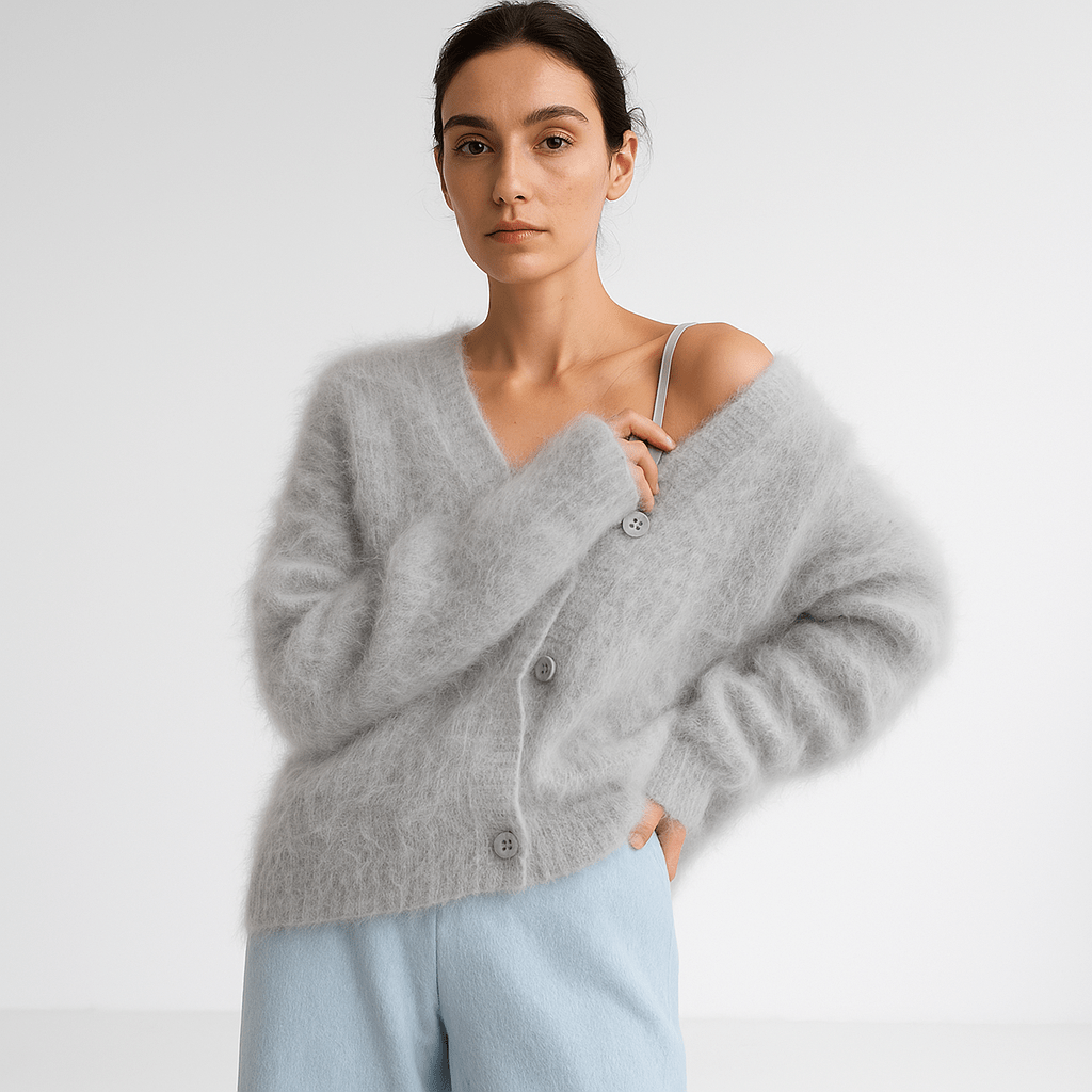 Lavinque Sweater Gris / S Cardigan Duveteux Brun | Décolleté en V | Élégance Décontractée