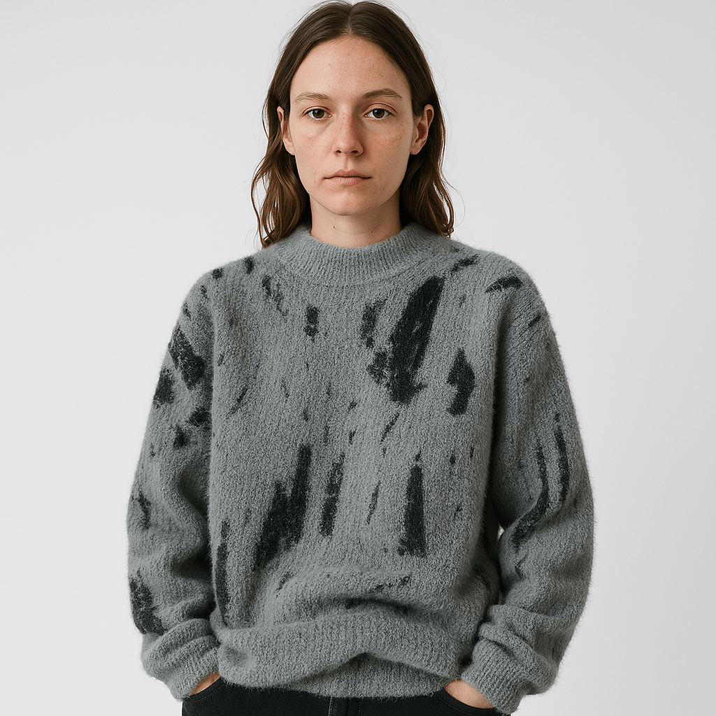 Lavinque Sweater Gris / S Pull Blanc à Motif Abstrait Noir | Col Montant | Style Graphique & Douillet