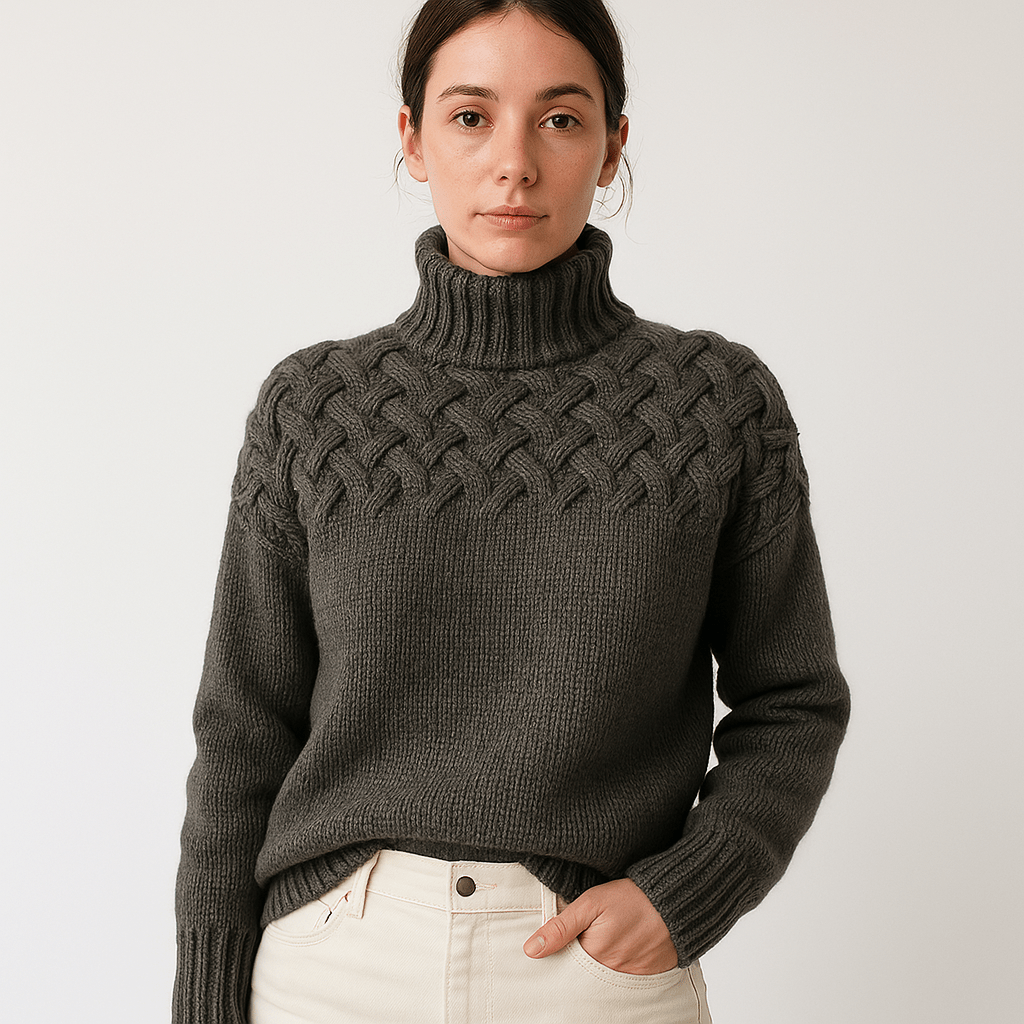 Lavinque Sweater Gris / S Pull Bleu Col Montant | Motif Torsadé | Chaud et Élégant