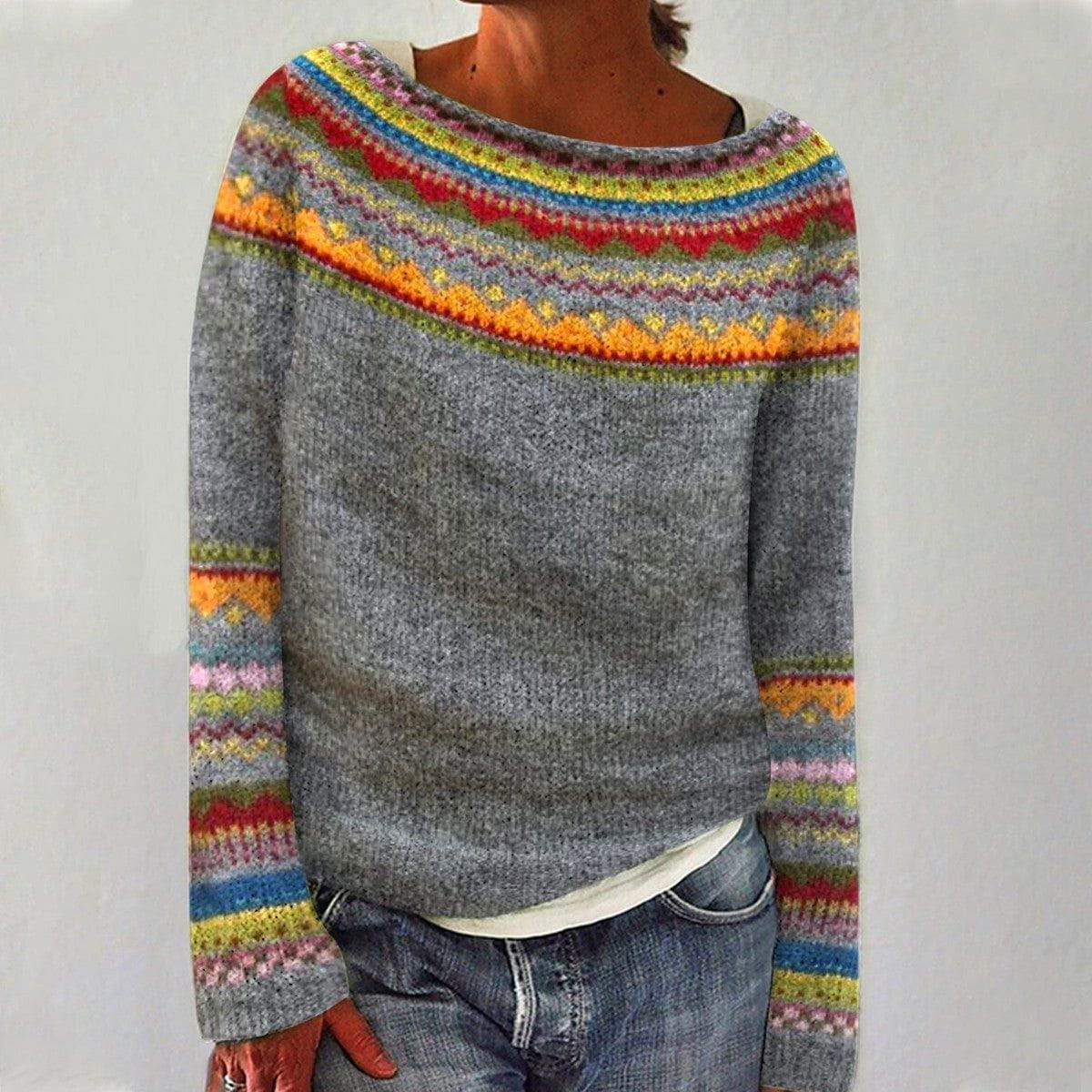 Lavinque Sweater Gris / S Pull en Laine | Motif Scandinave Coloré | Chaleur & Style