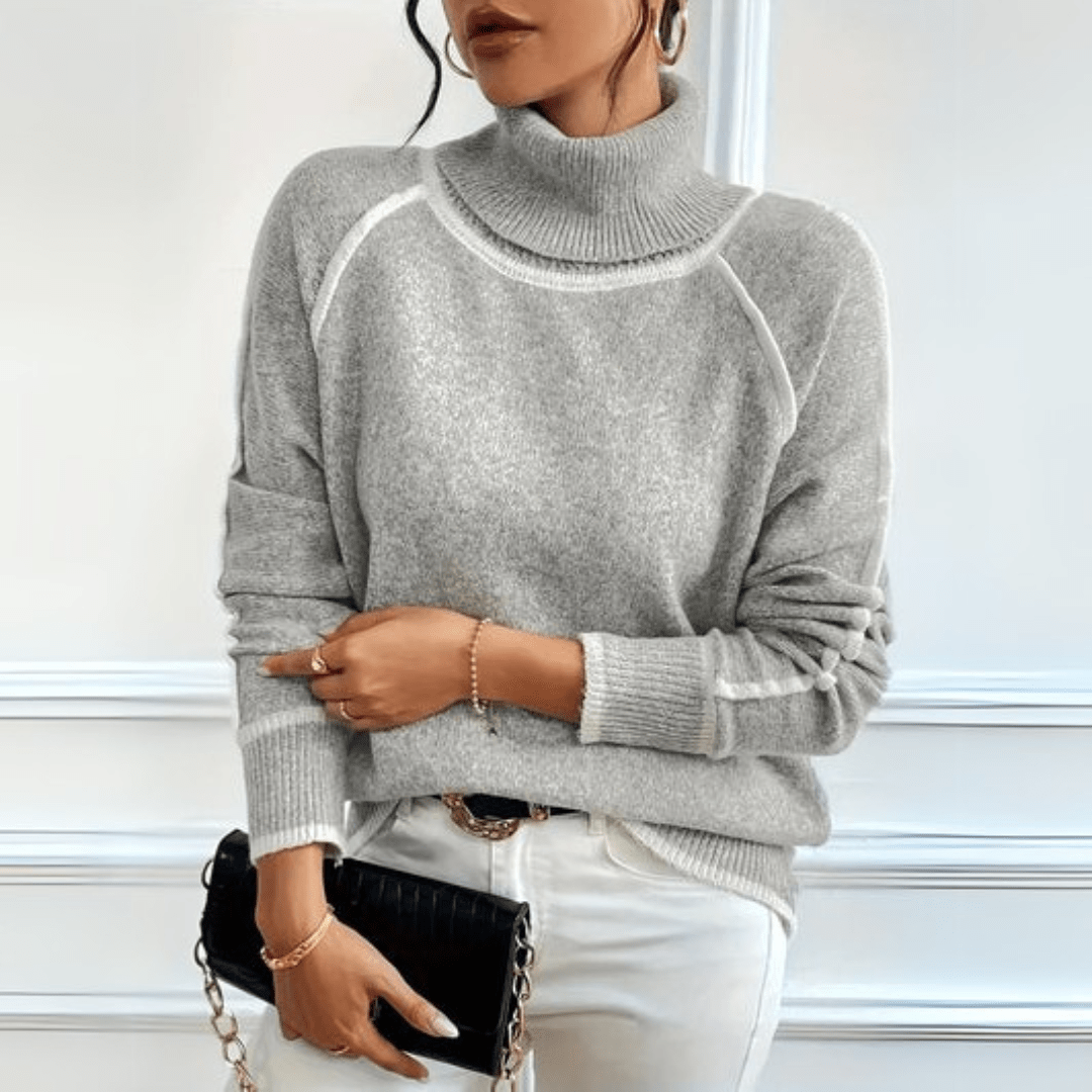 Lavinque Sweater Gris / S Pull Gris à Col Montant | Surpiqûres Contrastées | Élégant & Minimaliste