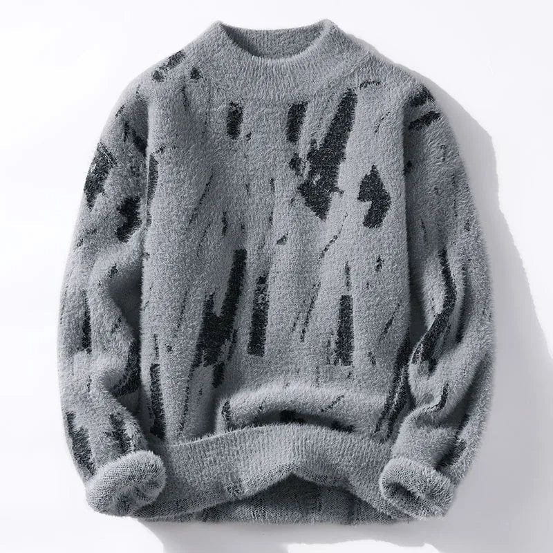 Lavinque Sweater Gris / XS Pull Blanc à Motif Pinceau Noir | Col Rond | Style Graphique & Moderne
