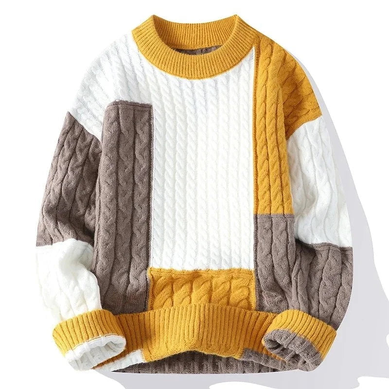 Lavinque Sweater Jaune / S Pull Patchwork Câble | Blanc, Jaune & Marron | Tendance et Texturé
