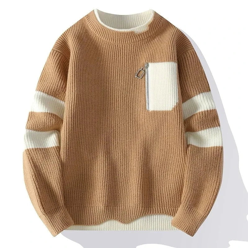 Lavinque Sweater Kaki / S Pull Bicolore à Poche Contrastée | Crème & Gris | Moderne et Décontracté