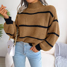Lavinque Sweater Kaki / S Pull Col Montant Rayé | Tendance | Chaud et Confortable