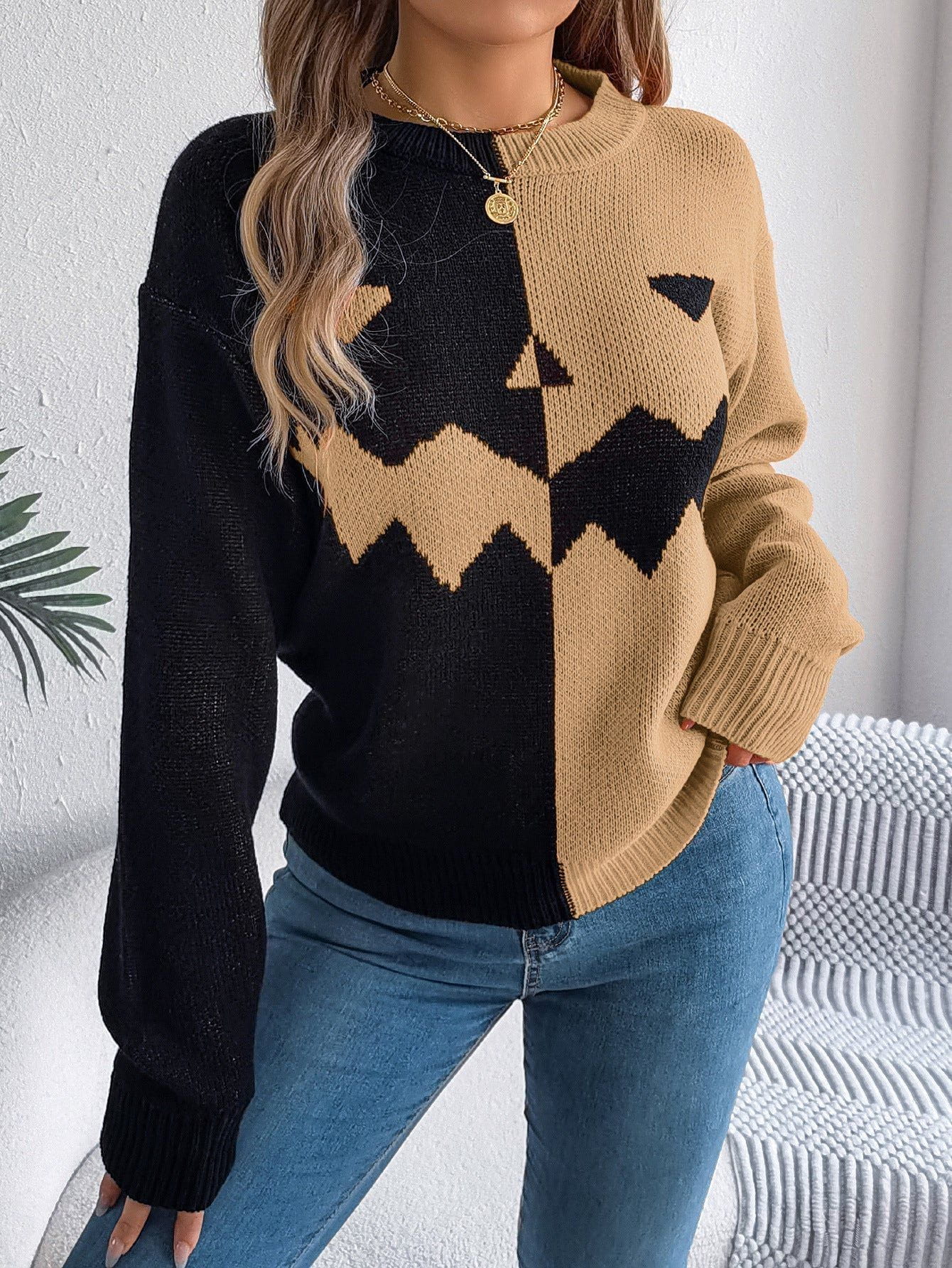 Lavinque Sweater Kaki / S Pull Halloween | Motif Citrouille | Confort et Esprit Festif
