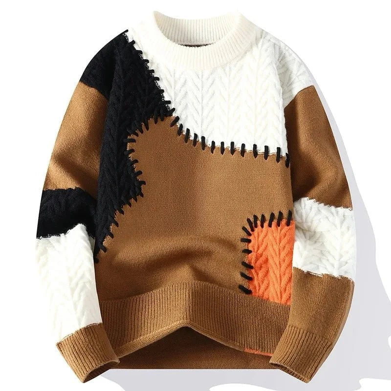 Lavinque Sweater Kaki / S Pull Patchwork Coloré | Maille Texturée | Original et Confortable