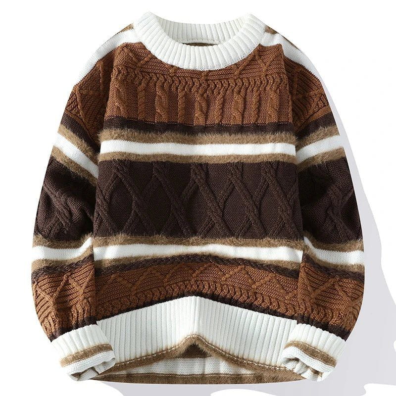 Lavinque Sweater Kaki / S Pull Rayé en Maille Torsadée | Noir, Blanc & Gris | Chaud et Stylé