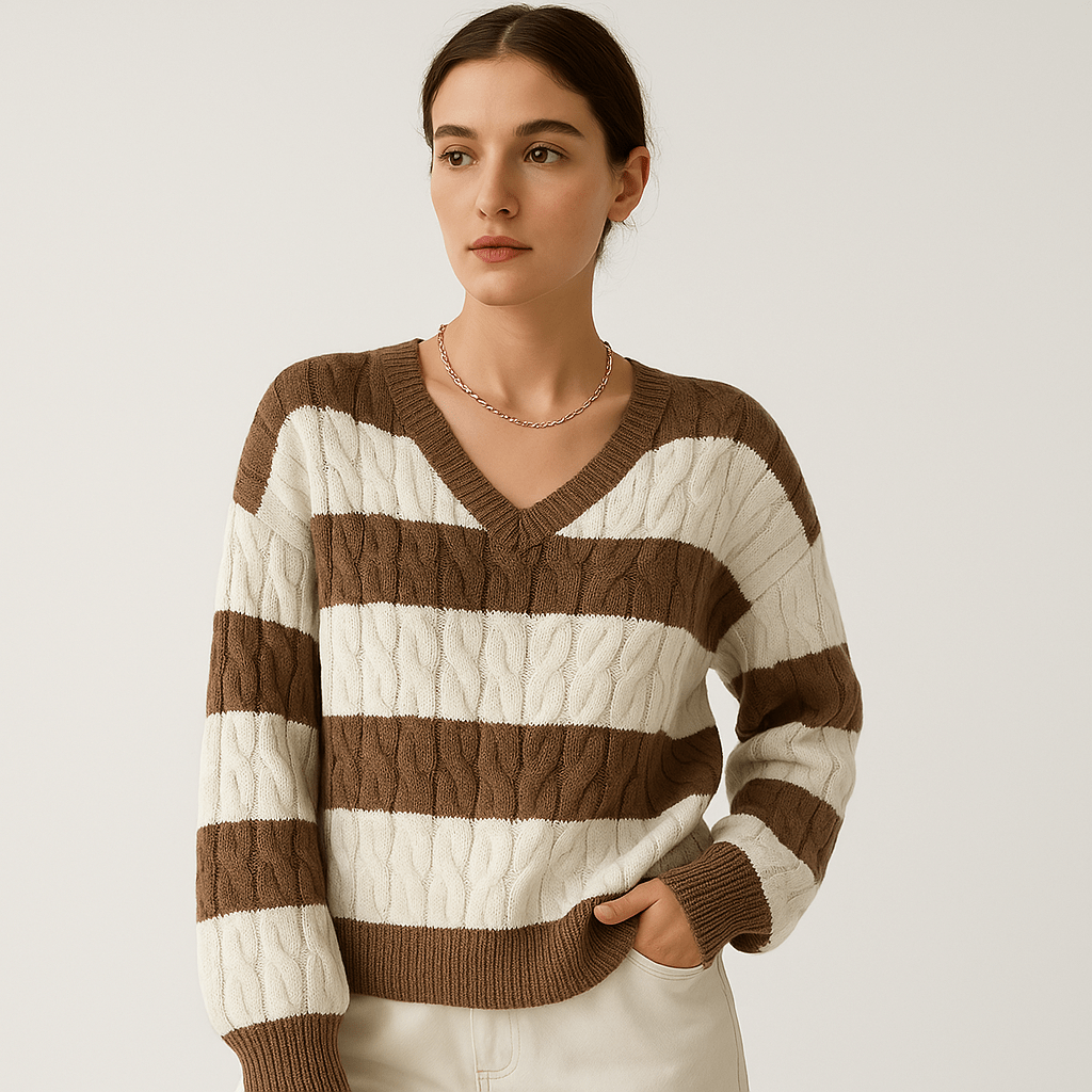 Lavinque Sweater Kaki / XS Pull Rayé Torsadé | Acrylique | Chaud et Confortable